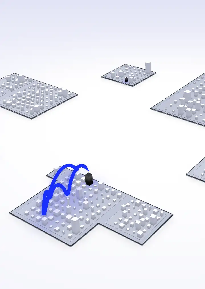 The eShop repository as a white model city, with the two changed files in black and one journey drawn in blue.
